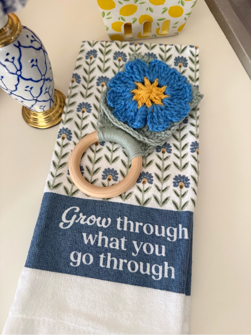 Handmade Blue Floral Kitchen Towel with Wooden Ring Holder - Picture 2 of 5